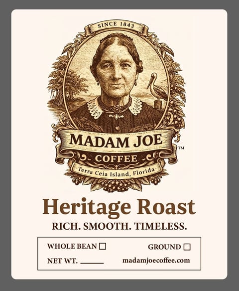 Madam Joe Coffee Heritage Roast label from Terra Ceia Island, Florida, featuring a vintage portrait and decorative elements since 1843