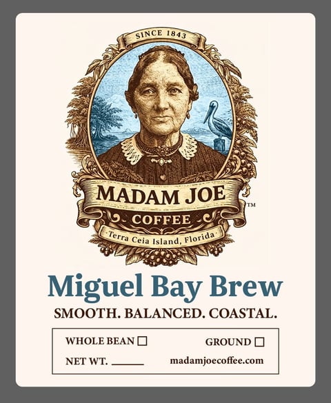 Madam Joe Coffee label for Miguel Bay Brew, featuring vintage portrait of a woman and text indicating whole bean or ground options from Terra Ceia Island, Florida.